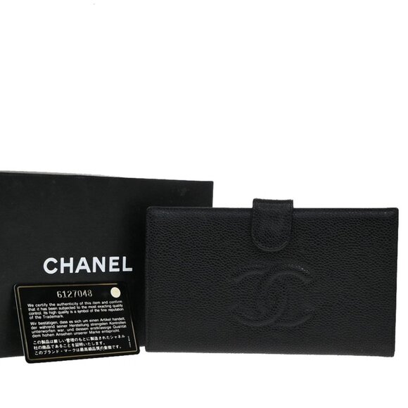 CHANEL CC LOGO Long Bifold Wallet Grained Calfskin Leather Black France 98RF547 - Picture 1 of 16